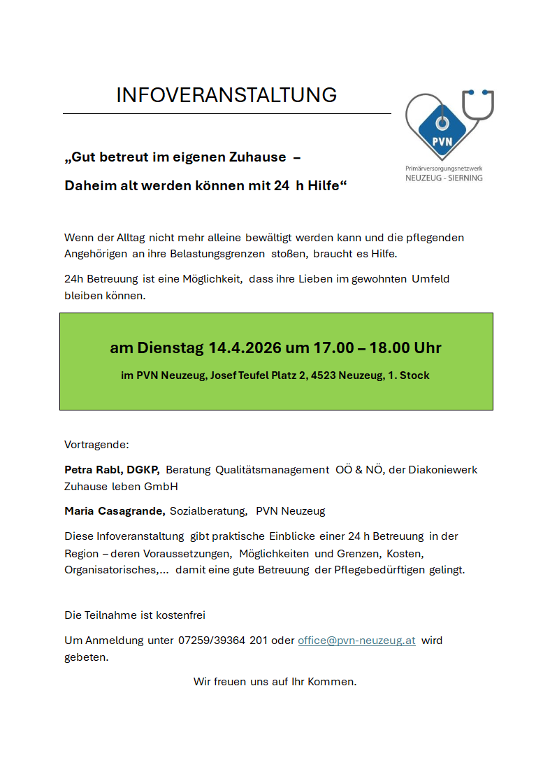 Infoveranstaltung " Gut betreut im eigenen Zuhause- Daheim alt werden mit 24 Stunden Pfelge