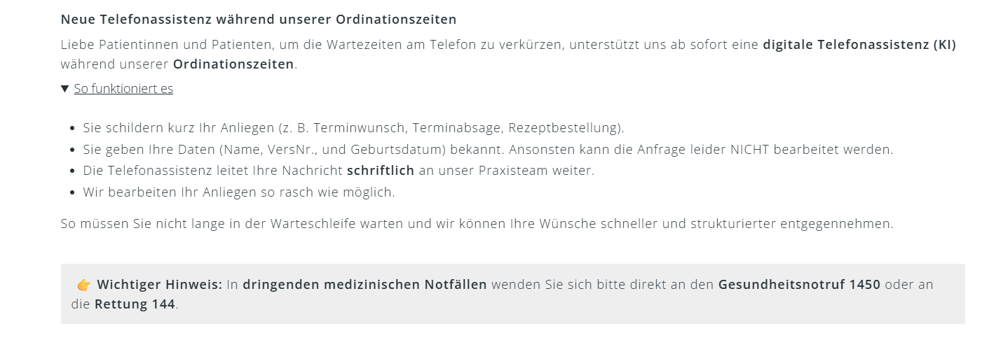 Neue Telefonassistenz während der Ordinationszeiten